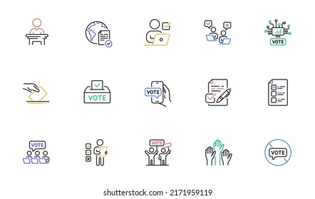 Iconos de la línea de votación. Elecciones públicas, Caja de votos, íconos de papeletas de votación. Candidato, voto político y voto popular. Elección del gobierno, manos alzadas, lista de verificación de documentos. Resultados de las encuestas en línea. Vector