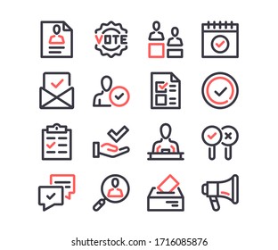 Iconos de línea de votación establecidos. Elecciones, política, campaña política, conceptos de voto. Símbolos modernos de contorno. Diseño simple de trazo delgado elementos gráficos lineales. Colores rojo y negro. Iconos de línea de vector