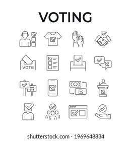 Juego de iconos lineales de votación. Votación electrónica. Ilustración personalizable de línea delgada. Símbolo de contorno. Dibujo de contorno aislado del vector. Trazo editable