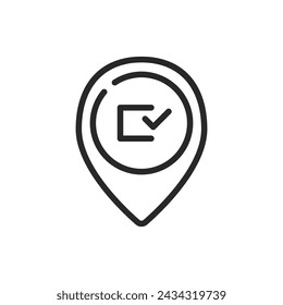 Voting Location Pin Icon. Map Marker with Checkmark for Finding Polling Stations and Ballot Places on Election Day.