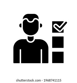 Icono de glifo de hombre votante. Encuesta. Ilustración personalizable. Dibujo de contorno aislado del vector.