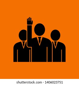 Voting Man With Men Behind Icon. Black on Orange Background. Vector Illustration.