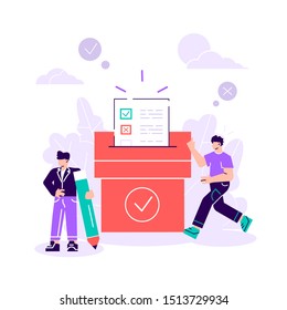 Voting. Man are putting their ballot papers into the big paper voting box. E-voting. Vector illustration concept for web page, banner, presentation, social media, documents, cards, posters, template