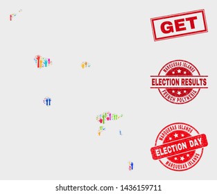 Voting Marquesas Islands map and seal stamps. Red rectangular Get textured seal stamp. Colorful Marquesas Islands map mosaic of upwards volunteer arms. Vector composition for election day,