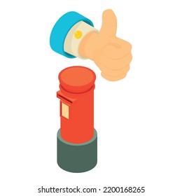Voting method icon isometric vector. Man hand with thumb up, red letterbox icon. Mail voting, election concept