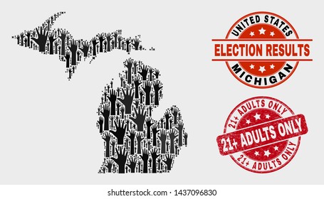 Voting Michigan State map and seal stamps. Red rounded 21+ Adults Only grunge seal stamp. Black Michigan State map mosaic of raised up referendum arms. Vector combination for referendum results,