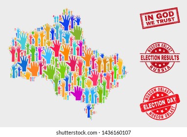 Voting Moscow Region map and seal stamps. Red rectangle In God We Trust textured seal stamp. Colored Moscow Region map mosaic of raised election arms. Vector collage for election day,
