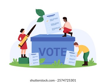 Voting in official elections or referendum, democracy. Tiny people with pen choose and elect political candidate, vote and insert paper form into hole in ballot box cartoon vector illustration