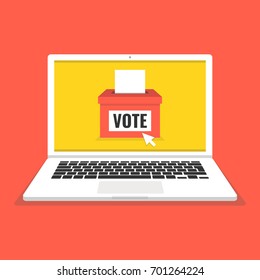 Voting online concept. Voting ballot box on a laptop screen. Flat vector illustration.