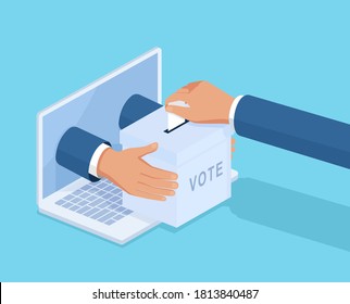Voting online concept. Flat 3d isometric businessman hand putting voting paper into ballot box that come out from laptop monitor. Vector illustration