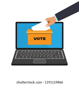 Voting online concept in a flat style. Businessman hand putting voting paper into ballot box that come out from laptop monitor. Vector illustration isolated on white background.