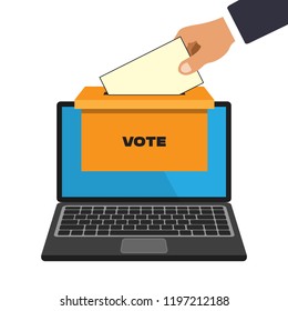 Voting online concept in a flat style. Businessman hand putting voting paper into ballot box that come out from laptop monitor. Vector illustration isolated on white background.