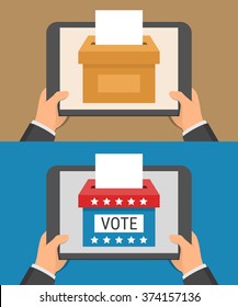 Voting online concept. Hand holding tablet pc and ballot-box on the screen in flat style