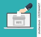 Voting online concept. Hand putting or inserting voting paper in the ballot box on a laptop screen. Flat design