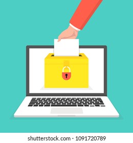 Voting online concept. Hand putting voting paper in the ballot box on a laptop screen. Vector illustration.