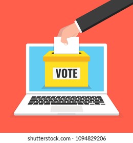 Voting online concept. Hand putting voting paper in the ballot box on a laptop screen. Vector illustration.