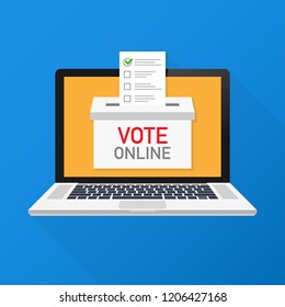 Voting online concept. Hand putting voting paper in the ballot box on a laptop screen. Vector stock illustration. 