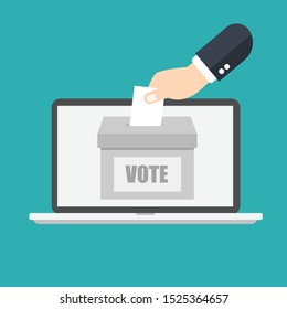 Voting online concept. Hand putting or inserting voting paper in the ballot box on a laptop screen. Flat design