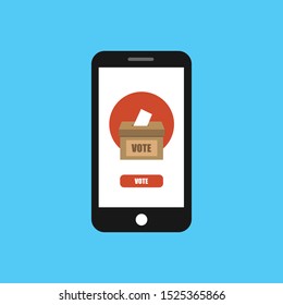 Voting online concept. Hand putting or inserting voting paper in the ballot box on a smartphone screen. Flat design
