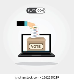 Voting online concept. Hand putting voting paper in the ballot box on a laptop screen. Flat vector illustration.