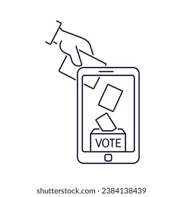 Voting online concept. Hand putting voting paper in the ballot box on a smartphone screen. Vector linear illustration icon isolated on white background.