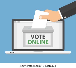 Voting online concept. Hand putting voting paper in the ballot box on a laptop screen. Flat style