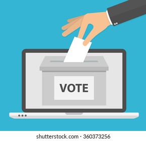 Voting online concept. Hand putting or inserting voting paper in the ballot box on a laptop screen. Flat design