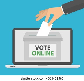 Voting online concept. Hand putting voting paper in the ballot box on a laptop screen. Flat design