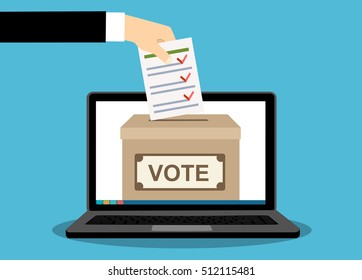 Voting online concept. Hand putting voting paper in the ballot box on a laptop screen. Flat vector illustration.