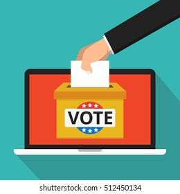 Voting online concept. Hand putting voting paper in american ballot box on a laptop screen. Flat vector illustration.