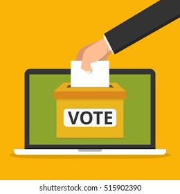 Voting online concept. Hand putting voting paper in the ballot box on a laptop screen. Flat vector illustration.