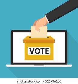 Voting online concept. Hand putting voting paper in the ballot box on a laptop screen. Flat vector illustration.