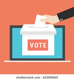 Voting online concept. Hand putting or inserting voting paper in the ballot box on a laptop screen. Flat design