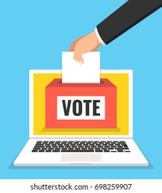 Voting online concept. Hand putting voting paper in the ballot box on a laptop screen. Flat vector illustration.