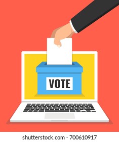 Voting online concept. Hand putting voting paper in the ballot box on a laptop screen. Flat vector illustration.