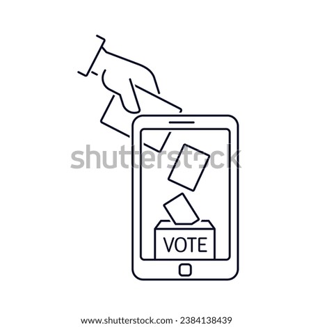 Voting online concept. Hand putting voting paper in the ballot box on a smartphone screen. Vector linear illustration icon isolated on white background.