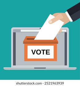 Voting online concept. Human Hand putting voting paper in the ballot box on a laptop screen. Vector illustration in flat style. infographics web design elements