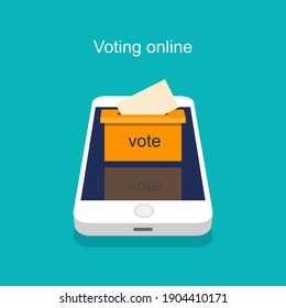 Voting online concept in isometric style. Putting voting paper into ballot box that stand on a phone display. Vector illustration isolated.