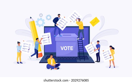 Voting online concept. People putting vote paper in the ballot box on a laptop screen. Online polling, political election or survey, electoral internet system. Vector illustration