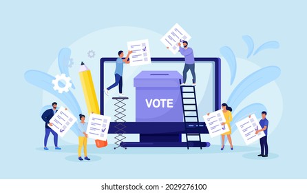 Voting online concept. People putting vote paper in the ballot box on computer screen. Online polling, political election or survey, electoral internet system. Vector illustration