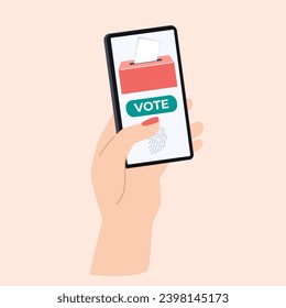 Voting online. Hand holds iPhone and votes. Election concept vector illustration