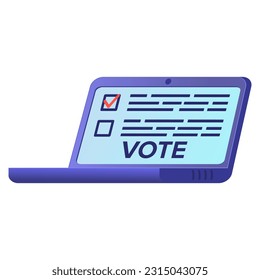Votar en línea con una pantalla de un portátil. con una página web .Referendum o elección.Concepto de elección de voto .Votación. Ilustración plana vectorial.Aislada sobre fondo blanco.