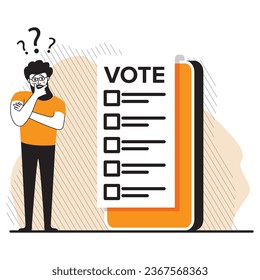 Online-Abstimmung mit einer Web-Seite .Voting-App für Wahl Smartphone.Man Wahl der Wahl.Online-AbstimmungDer Mann wählt.Wahl der Wahl-Smartphone.Man denkt Markierungen.