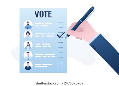 Voting-Seite, Hand verwendet Stift und schreiben Markierungszeichen. Wahl oder Referendum, demokratisches Verfahren. Freie Wahl bei der Entscheidung. Wähler mit Bulletin, Abstimmungsprozess. flache Vektorillustration