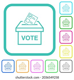 Voting paper and ballot box outline vivid colored flat icons in curved borders on white background