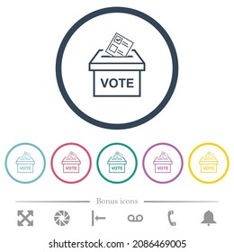 Voting paper and ballot box outline flat color icons in round outlines. 6 bonus icons included.