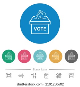 Voting paper and ballot box outline flat white icons on round color backgrounds. 6 bonus icons included.