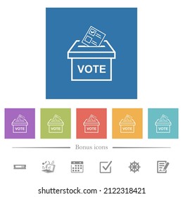 Voting paper and ballot box outline flat white icons in square backgrounds. 6 bonus icons included.