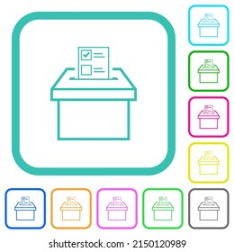 Voting paper and ballot box outline vivid colored flat icons in curved borders on white background