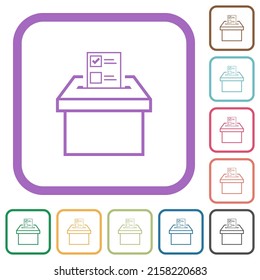 Voting paper and ballot box outline simple icons in color rounded square frames on white background